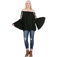 Umgee Women's Bohemian Dramatic Bell Sleeve Embroidered Top