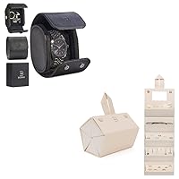 Leather Watch Roll Travel Case (Single Compartment) + Travel Jewelry Organizer Jewelry Box (Beige)