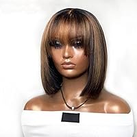 Highlight Color Short Bob Wig with Bangs Human Hair Wig 1b/27 Honey Blonde Straight Bob Brazilian Remy Hair 13x4 HD Transparent Lace Front Wig Pre Plucked 150% Density Bleached Knots 8inch