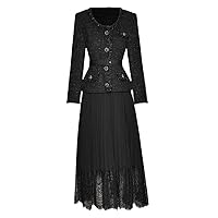 Autumn Winter Dress Women Long Sleeve Belted Tweed Patchwork Black Lace Pleated Party Dresses