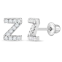 925 Sterling Silver Clear Cubic Zirconia Initial Alphabet Letter Screw Back Earrings for Young Girls and Teens - First Initial Earrings for Stylish Kids - Hypoallergenic and Safe for Sensitive Ears