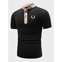 Mens Tops Men Antler Embroidery Contrast Plaid Mock Neck Polo Shirt (Color : Black, Size : Large)