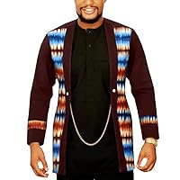 African Men Clothing Dashiki Coats Plus Size Open Front Long Sleeve Print Outfits Silver Chain Jacket Outwear