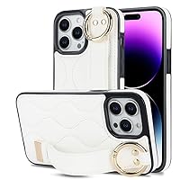 Case for iPhone 14 Pro Max/14 Plus/14 Pro/14, Leather Finger Loop Strap Wristand Phone Cover Kickstand for Women Men (15 Pro Max,White)