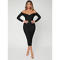 Dresses for Women 2023 Easter Dress for Women Solid Off Shoulder Bodycon Dress (Color : Black, Size : X-Small)