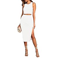 Pink Queen Women's 2 Piece Crew Neck Sleeveless Ribbed Tank Top Bodycon Slit Midi Skirt Outfit Dress Set