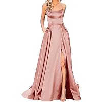 Women's Satin Prom Dresses Long Ball Gown with Slit Backless Spaghetti Straps Halter Formal Evening Party Dress (Dusty Rose,16 Plus,US,Numeric,16,Regular,Regular)