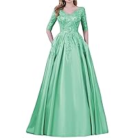 V Neck Satin Mother of The Bride Dresses with Sleeves Formal Applique Wedding Guest Dresses with Pockets