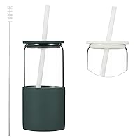 Sunseeke Glass Tumbler with Straw and Lid, 16oz Ice Coffee Cup, Silicone Sleeve Cleaning Brushes, Drinking Glasses for Water, Iced Coffee, Smoothie - BPA Free (Slate blue-gray)