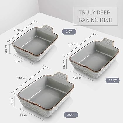 KOOV Bakeware Set, Ceramic Baking Dish Set, Rectangular Casserole Dish Set, Lasagna Pans for Cooking, Cake Dinner, Kitchen, 9 x 13 Inches, Texture Series 3-Piece (3 Piece, Cloudy Grey)