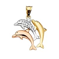 14k Yellow Gold White Gold and Rose Gold Dolphin Pendant Necklace 17x25mm Jewelry Gifts for Women