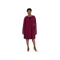 R&M Richards Womens Burgundy Stretch Embellished Zippered Attached Chiffon Cape Sleeveless Jewel Neck Above The Knee Evening Shift Dress Plus 20W