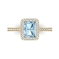 1.95ct Emerald Cut Solitaire with Accent Halo Aquamarine Blue Simulated Diamond designer Modern Ring 14k Yellow Gold