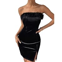 Dresses for Women Women's Dress 1pc Velvet Fuzzy Trim Split Hem Tube Bodycon Dress