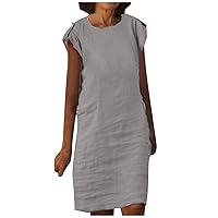 Women Ruched Cap Sleeve Cotton Linen T-Shirt Dresses Round Neck Casual Loose Solid Dressy Tunic Dress with Pockets