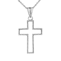 TWO SIDED BEADED OPEN CROSS PENDANT NECKLACE IN WHITE GOLD (1.2