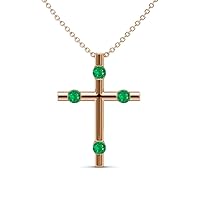 Petite Emerald Half Bezel Cross Pendant 0.16 ctw 14K Gold. Included 16 Inches 14K Gold Chain.