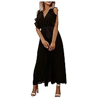 Fashion Dresses for Women 2022 Elegant Long Summer Dress Sexy V Neck Ruffle Sleeve Pleated Waist Tie Maxi Dress