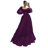 CWOAPO Long Puffy Sleeve Prom Dress Sweetheart Tulle Ball Gown for Women A Line Formal Evening Party Dress