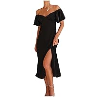 Women Satin Off Shoulder Ruffle Short Sleeve Formal Dress Sexy V Neck High Waist Split Side Casual Slim Fit Dresses