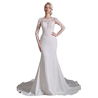Mermaid Bridal Gown Scoop Neck Long Sleeves Sweep Train Wedding Dress with Appliques 2023 LY083