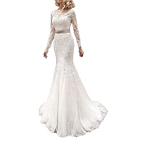 Women's Long Sleeve Sash Bridal Ball Gown Lace Mermaid Wedding Dresses for Bride 2021