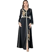 Embroidery Beads Belted Dress V-Nek Long Dresses Evening Party Black Abaya Muslim Women Ramadan Islamic Black M