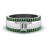 Choose Your Gemstone Solitaire Ring With Diamond CZ Band sterling silver Emerald Shape Trio Wedding Ring Sets Everyday Jewelry Wedding Jewelry Handmade Gifts for Wife US Size 4 to 12