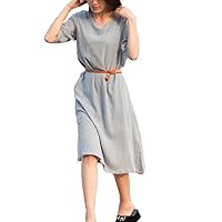 Women Linen O-Neck Half Sleeve Dress Loose Robe Summer Midi Long Dress