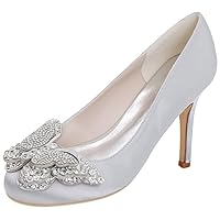 Womens Rhinestones Butterfly Wedding Shoes 9.8CM Pointed Toe Pumps Brdesmaid Party Dress Evening PU Heels Bridesmaid Closed Toe SLIN On Heels Silver US 10