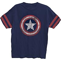 Captain America Distressed Shield Navy Striped Sleeves Mens T-shirt