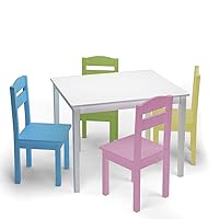 Kids Wooden 4, Activity 2 to 6 Years, Toddler Game, Playroom Furniture, Picnic w/Chairs, Solid Wood 5 Piece Dining Table Set, White & Pastel