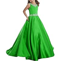 Girl's Satin Beaded Pageant Dress with Pockets A Line Off Shoulder Princess Ball Gown