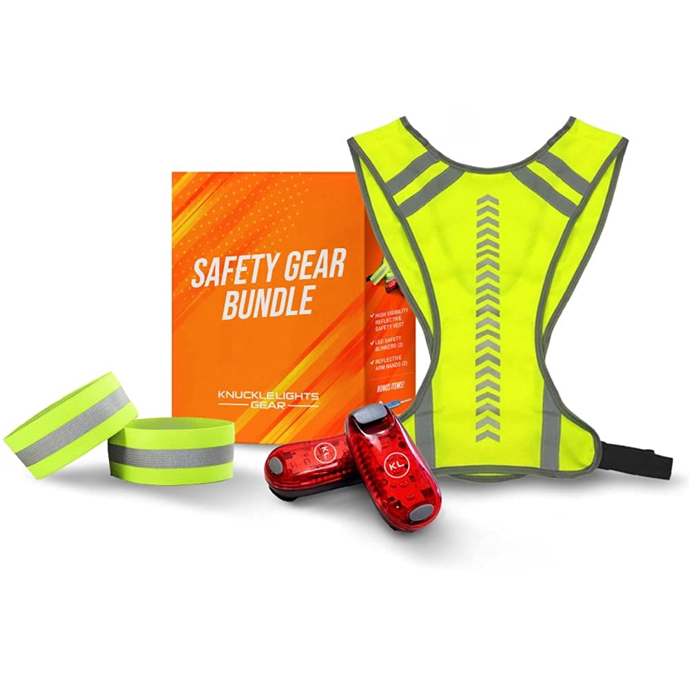 Knuckle Lights Reflective Running Gear Safety Bundle - Reflective Vest, LED Safety Light, Reflective Bands, Night Safety Gear for Runners, Cycling, Hiking, Walking - High Visibility Reflective Gear