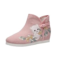 Women Vintage Ankle Boots Embroider Hanfu Shoes For Female Cotton Fabric Shoe Ladies Height Increase Short Booties Pink 4.5