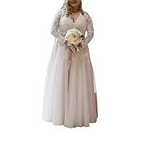 Melisa Women's V-Neck Lace Sequins Wedding Dresses with Long Sleeves Train Plus Size Bridal Ball Gowns