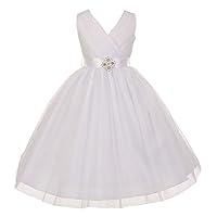 AkiDress V-Neck T-Length Dress with Rhinestone Broach for Little Girls