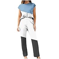 2 Piece Outfits for Women's Fashion Lounge Suits Cap Sleeve Crew Neck Tops Solid Straight Long Trousers Colorblock Sets