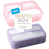 kinsho Kids Snack Container - Mini Bento Lunch-Box, Small Leakproof Container Boxes for Toddlers Girls Snacks Lunches, 3 Compartment - School Daycare Portion Containers, Pink Purple Glitter Set of 2