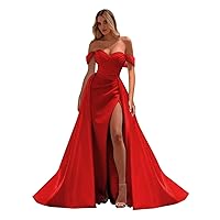 Off Shoulder Prom Dress Long Satin Mermaid Formal Dresses for Wedding Ruched Evening Party Gowns with Train