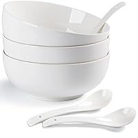 55 oz Large Soup Bowl, 8 inch Ramen Bowl Set, Pho Bowls and Spoons Set of 3, Off White Porcelain Serving Bowls