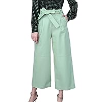 Women Leather Pants Stylish High Waist Bow Wide Leg Casual Ankle Long Trousers