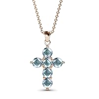 0.99 ctw Natural Round Aquamarine Cross Pendant 14K Gold. Included 18 inches 14K Gold Chain.