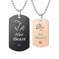 Couples Stainless Steel His Beauty Her Beast Rose Flower Tag Pendant Necklace Set for Men Women, His and Hers Anniversary Valentine's Gifts 2pcs