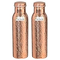 Prisha India Craft Pure Copper Water Bottle, Hammered Design, Capacity 900 ML, Set of 2