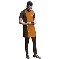 African Clothes for Men Tracksuit Single Breasted Tops and Pants 2 Piece Set Dashiki Blouse with Chains