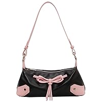Girls Handbag PU Leather Shoulder Bags Women with Bow Tie Aesthetic Crossbody Bags with 2 Replacment Straps Fashion Shoulder Purse for Girls Ladies Black