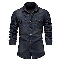 Spring US Size Cotton Long Sleeve Denim Shirts Men' Casual Solid Color Pocket Men Streetwear
