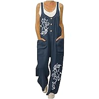 Women's Casual Sleeveless Front Button Loose Jumpsuits Cute Animal Print Stretchy Wide Leg Pants Romper with Pockets