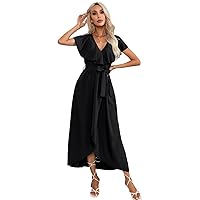 Fashion Ruffled V-Neck Slim Long Dress Summer Beach Casual Streetwear Style (as1, Alpha, l, Regular, Regular, Black)